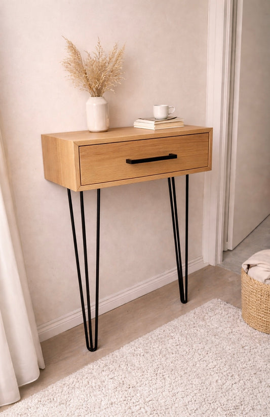 Konsole aus Massivholz Eiche mit Schublade | Soft Close Auszug | Hairpin Beine | Griff oder Push-to-Open | Flurtisch