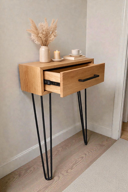 Konsole aus Massivholz Eiche mit Schublade | Soft Close Auszug | Hairpin Beine | Griff oder Push-to-Open | Flurtisch