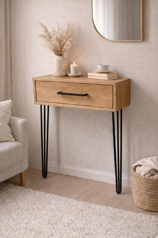 Konsole aus Massivholz Eiche mit Schublade | Soft Close Auszug | Hairpin Beine | Griff oder Push-to-Open | Flurtisch