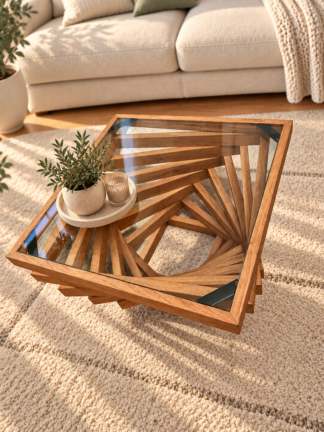 Couchtisch aus Eiche - TwistOak - mit Sicherheitsglas